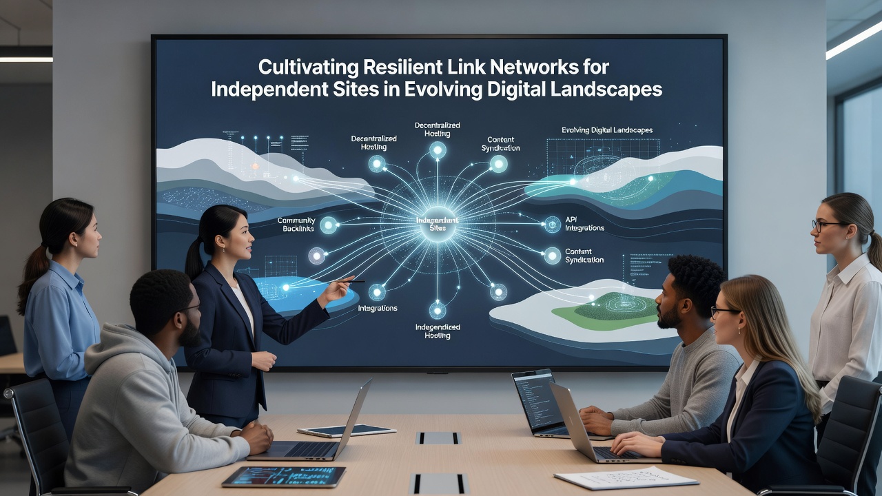 Illustration of independent website owners reviewing link analytics dashboards and mapping connection pathways